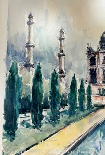 Framed Under Glass Watercolor of the Taj Mahal, Agra India Signed  By Artist, Signature Illegible. 21" x 24"  