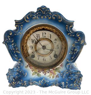 Hand Painted Porcelain Ansonia Mantle Clock in Swirl Pattern.  Glass Missing, Untested.