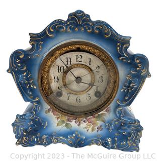 Hand Painted Porcelain Ansonia Mantle Clock in Swirl Pattern.  Glass Missing, Untested.