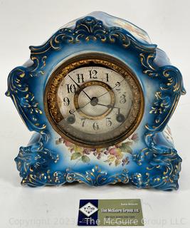 Hand Painted Porcelain Ansonia Mantle Clock in Swirl Pattern.  Glass Missing, Untested.