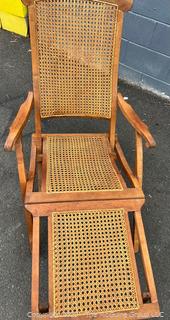 Caned Wicker Walnut Folding Steamer Ship Deck Chair or Chaise Lounge 