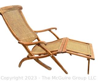 Caned Wicker Walnut Folding Steamer Ship Deck Chair or Chaise Lounge 