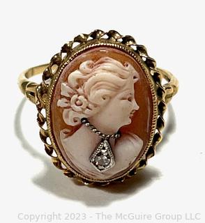 14k Yellow Gold Habille Carved Cameo Ring With A Diamond.  2.5 grams total weight.