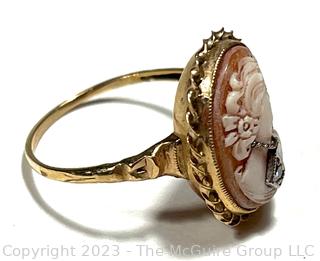 14k Yellow Gold Habille Carved Cameo Ring With A Diamond.  2.5 grams total weight.