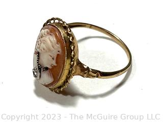 14k Yellow Gold Habille Carved Cameo Ring With A Diamond.  2.5 grams total weight.