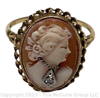 14k Yellow Gold Habille Carved Cameo Ring With A Diamond.  2.5 grams total weight.