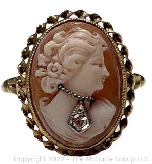 14k Yellow Gold Habille Carved Cameo Ring With A Diamond.  2.5 grams total weight.