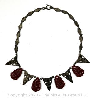 1920's Egyptian Revival Style Necklace with Red Carved Beads. 