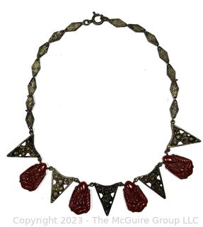 1920's Egyptian Revival Style Necklace with Red Carved Beads. 