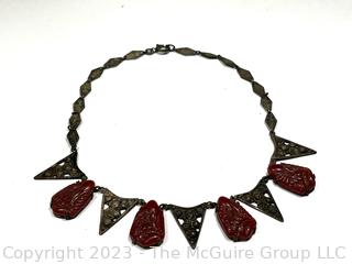 1920's Egyptian Revival Style Necklace with Red Carved Beads. 