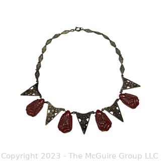 1920's Egyptian Revival Style Necklace with Red Carved Beads. 