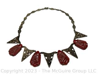 1920's Egyptian Revival Style Necklace with Red Carved Beads. 