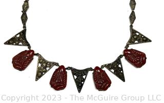 1920's Egyptian Revival Style Necklace with Red Carved Beads. 