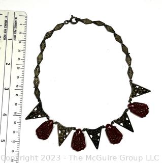 1920's Egyptian Revival Style Necklace with Red Carved Beads. 