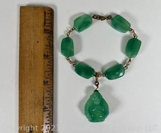 Green Jade or Glass Link Bracelet with Buddha Pendant