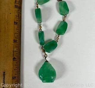 Green Jade or Glass Link Bracelet with Buddha Pendant