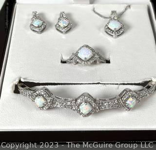 Set of Faux Diamond and Opal Jewelry Parue Including Bracelet, Earrings Pendant and Ring, New in Box