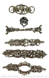 Six (6) Cast Art Nouveau Style Jewelry Elements. Five are Sterling Silver. Longest is 2 1/4" 