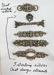 Six (6) Cast Art Nouveau Style Jewelry Elements. Five are Sterling Silver. Longest is 2 1/4" 