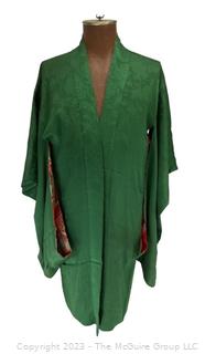 Japanese Emerald Green Damask Silk Kimono with Floral Lining (moved)