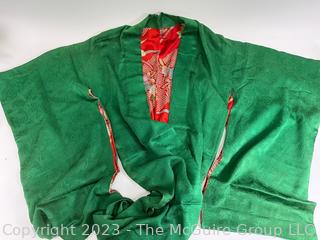 Japanese Emerald Green Damask Silk Kimono with Floral Lining (moved)