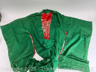 Japanese Emerald Green Damask Silk Kimono with Floral Lining (moved)