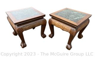 Two (2) Asian Style Square Coffee Tables with Carved Legs and Marble Inlaid Top.  13" tall and 12" square.