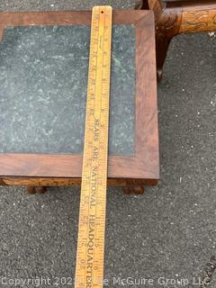 Two (2) Asian Style Square Coffee Tables with Carved Legs and Marble Inlaid Top.  13" tall and 12" square.