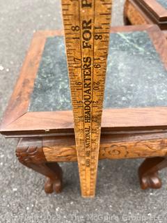 Two (2) Asian Style Square Coffee Tables with Carved Legs and Marble Inlaid Top.  13" tall and 12" square.