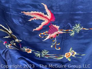 Blue Japanese Satin Silk Fabric Remnant Embroidered with Koi Fish and Flower Design.  56" x 74" (moved)