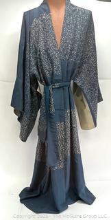 Japanese Slate Blue and Beige Silk Kimono with Ship Scene Embroidered on Back. (moved)