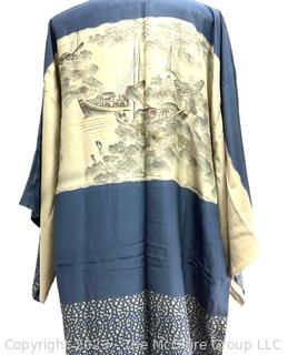 Japanese Slate Blue and Beige Silk Kimono with Ship Scene Embroidered on Back. (moved)