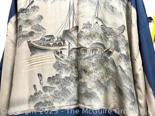 Japanese Slate Blue and Beige Silk Kimono with Ship Scene Embroidered on Back. (moved)