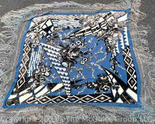 Victorian Silk with Voided Cut-Out Velvet Design in Blue, White, Black and Grey 48" Square excluding fringe. 