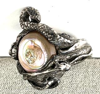 Sterling Silver Artisan Made Dragon Ring with Fresh Water Pearl