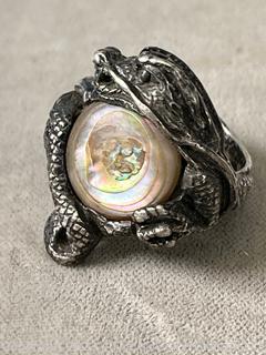 Sterling Silver Artisan Made Dragon Ring with Fresh Water Pearl