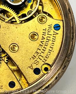 Fancy Dial Waltham "Traveler" Model Pocket Watch in Engraved Gold Plated Fancy Case 