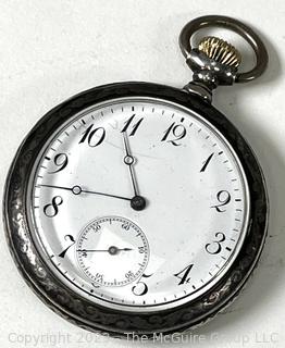 Pocket Watch in Engraved Silveroid Case.  Movement Shown in photo Gallery