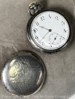 Pocket Watch in Engraved Silveroid Case.  Movement Shown in photo Gallery