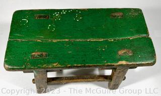 Primitive Asian Style Small Stool or Bench with Green Paint and Peg Construction.   12" w x 6" tall