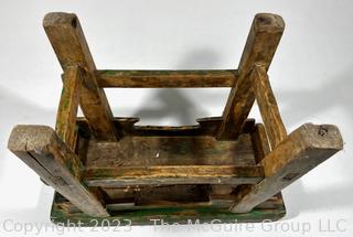 Primitive Asian Style Small Stool or Bench with Green Paint and Peg Construction.   12" w x 6" tall