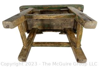 Primitive Asian Style Small Stool or Bench with Green Paint and Peg Construction.   12" w x 6" tall