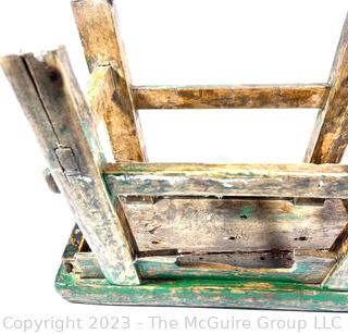 Primitive Asian Style Small Stool or Bench with Green Paint and Peg Construction.   12" w x 6" tall