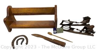 Wood Wall Shelf, Antique Ice Skates, Horse Shoes and Treenware