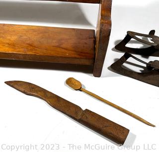 Wood Wall Shelf, Antique Ice Skates, Horse Shoes and Treenware