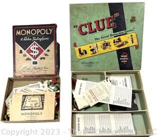 Two (2) Vintage Parker Brothers Games - Monopoly Game Pieces and Clue Game 