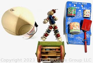 Group of Vintage Toys Including Metal Lithograph Sand Set in Packaging. 