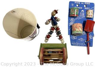 Group of Vintage Toys Including Metal Lithograph Sand Set in Packaging. 