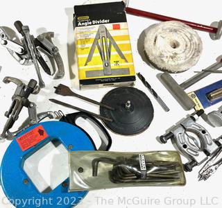 Collection of Shop Tools Including Various Sized Gear Pullers and Metal Pipe Cutter 