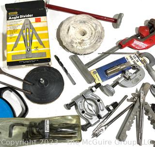 Collection of Shop Tools Including Various Sized Gear Pullers and Metal Pipe Cutter 